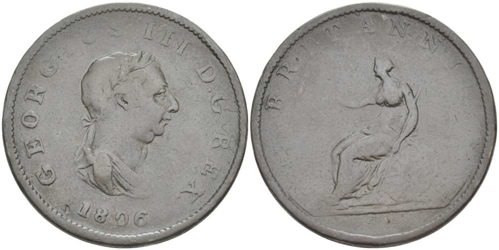 Великобритания 1/2 пенни 1806 Георг III (1760-1820) KM 662, Spink 3781 медь 97-125