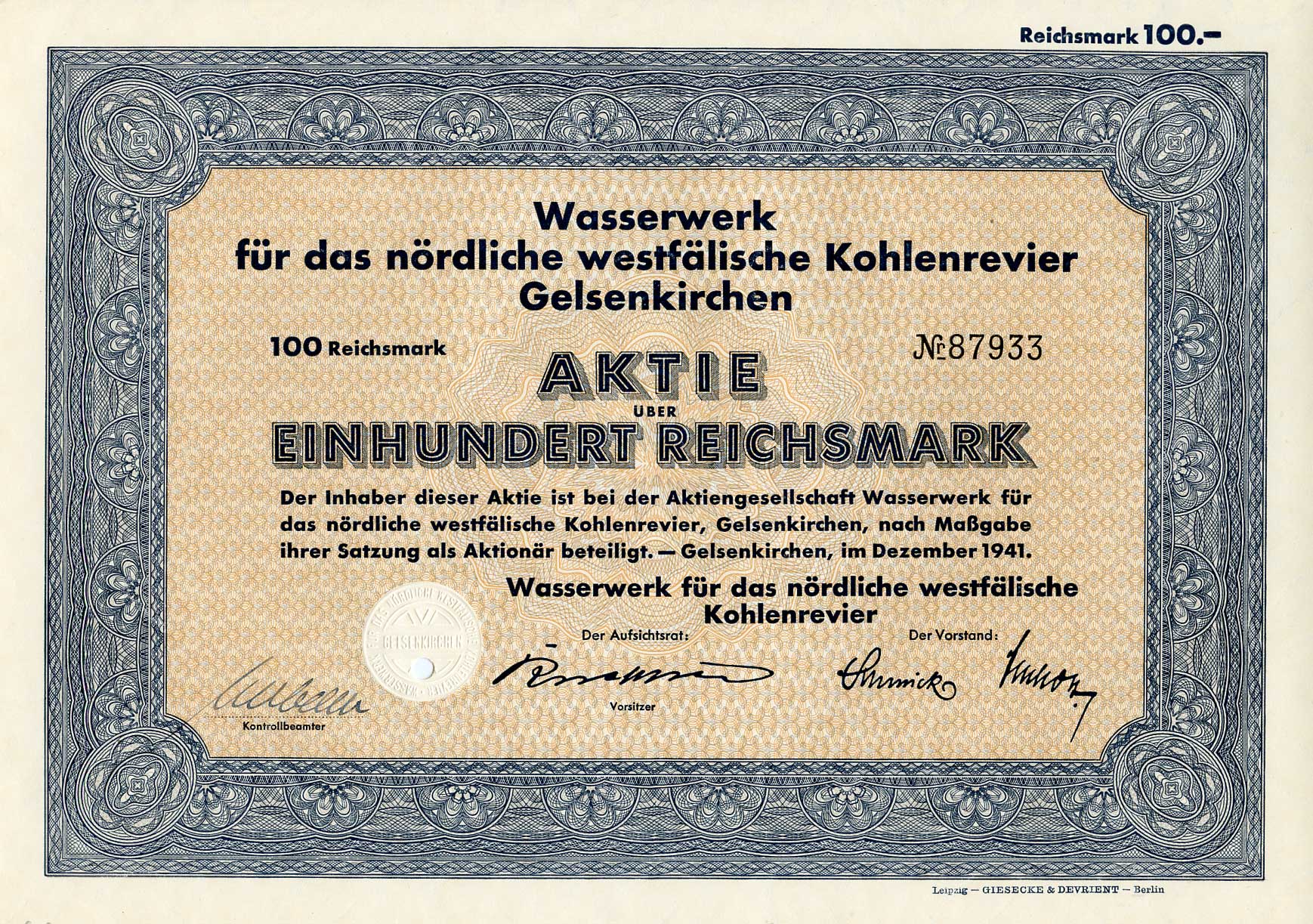Германия 100 рейхсмарок 1941 Гидротехнические сооружения для угольного месторождения Гельзенкирхен в Северной Вестфалии, акция   бумага   8802-39-1
