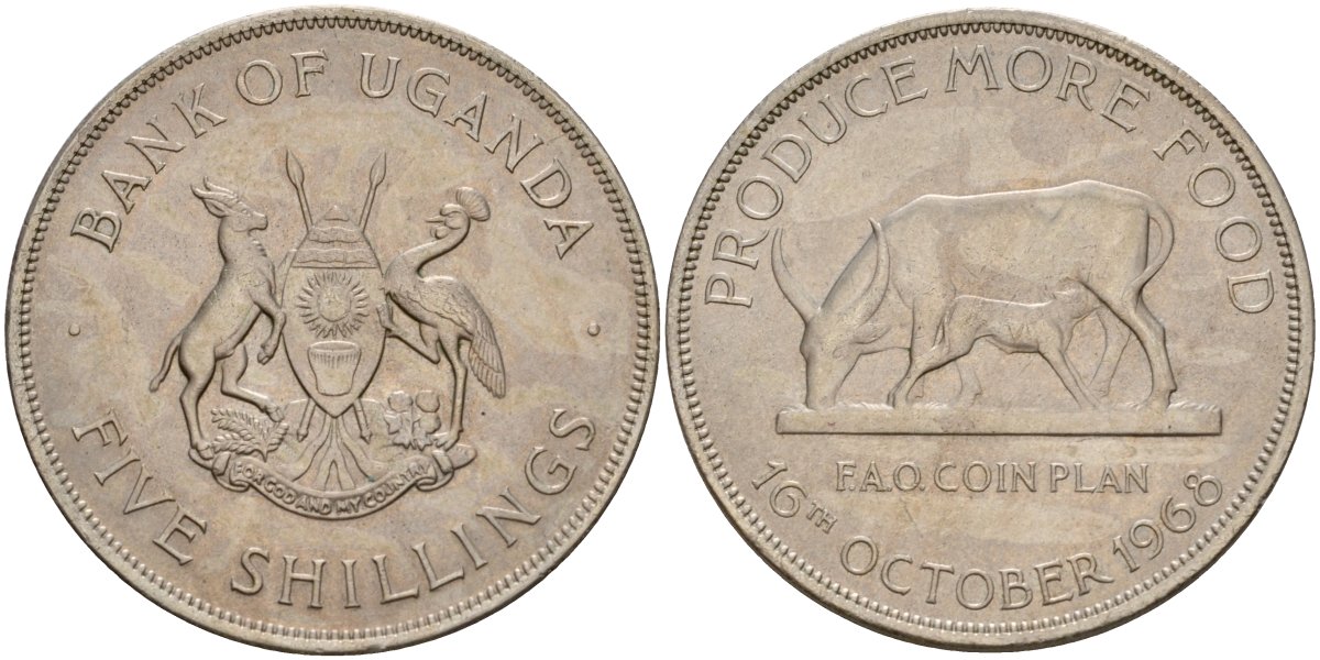 Уганда 5 шиллингов 1968 ФАО KM 7 медно-никель 4125-825