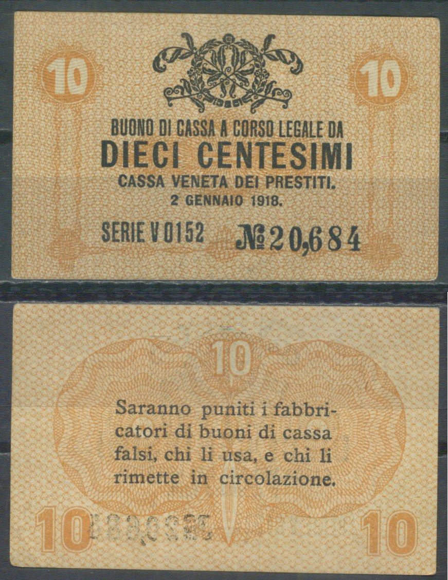Италия 10 чентезимо 1918 Венецианский ссудный банк Pick M2 бумага 7554-19-2-2