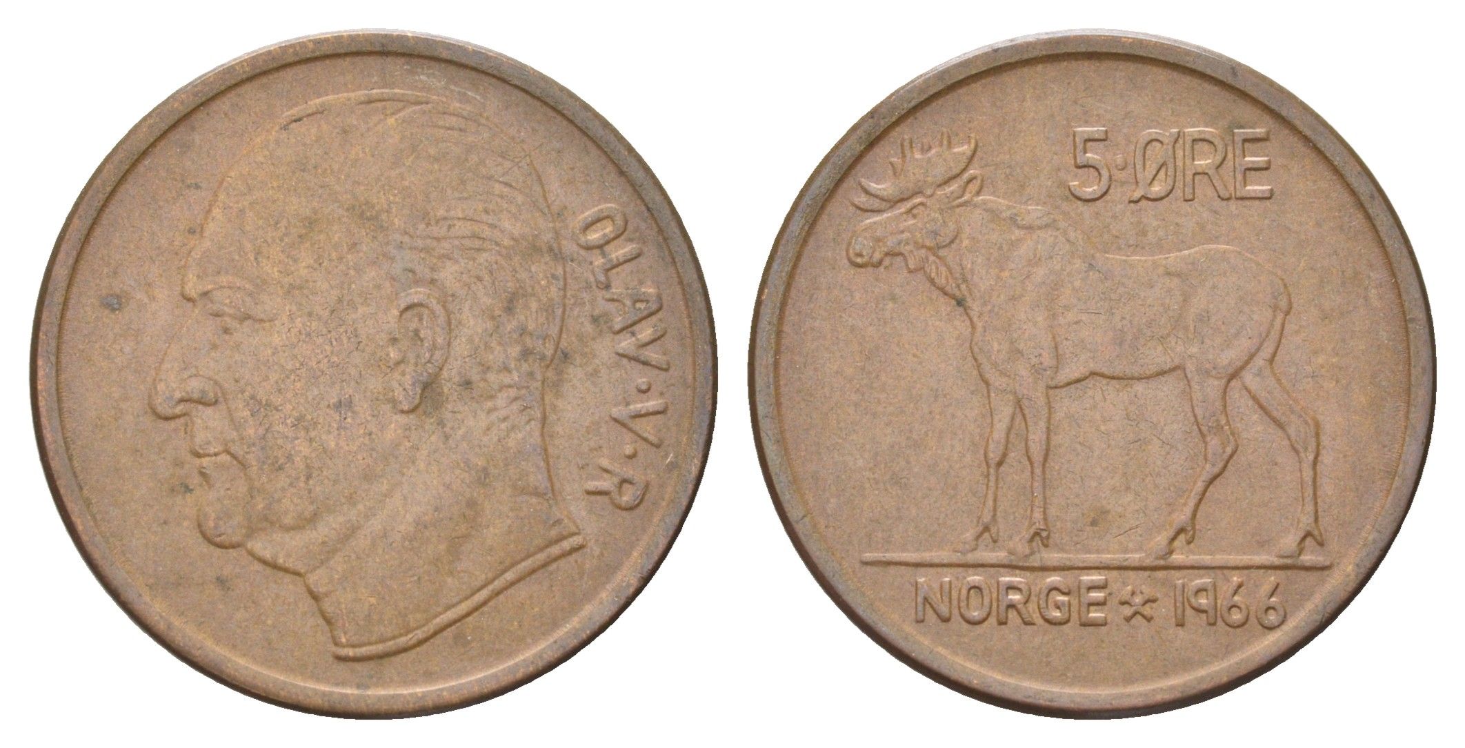 Норвегия 5 эре 1966 Улаф V (1958 - 1991) KM 405 бронза 4703-1031
