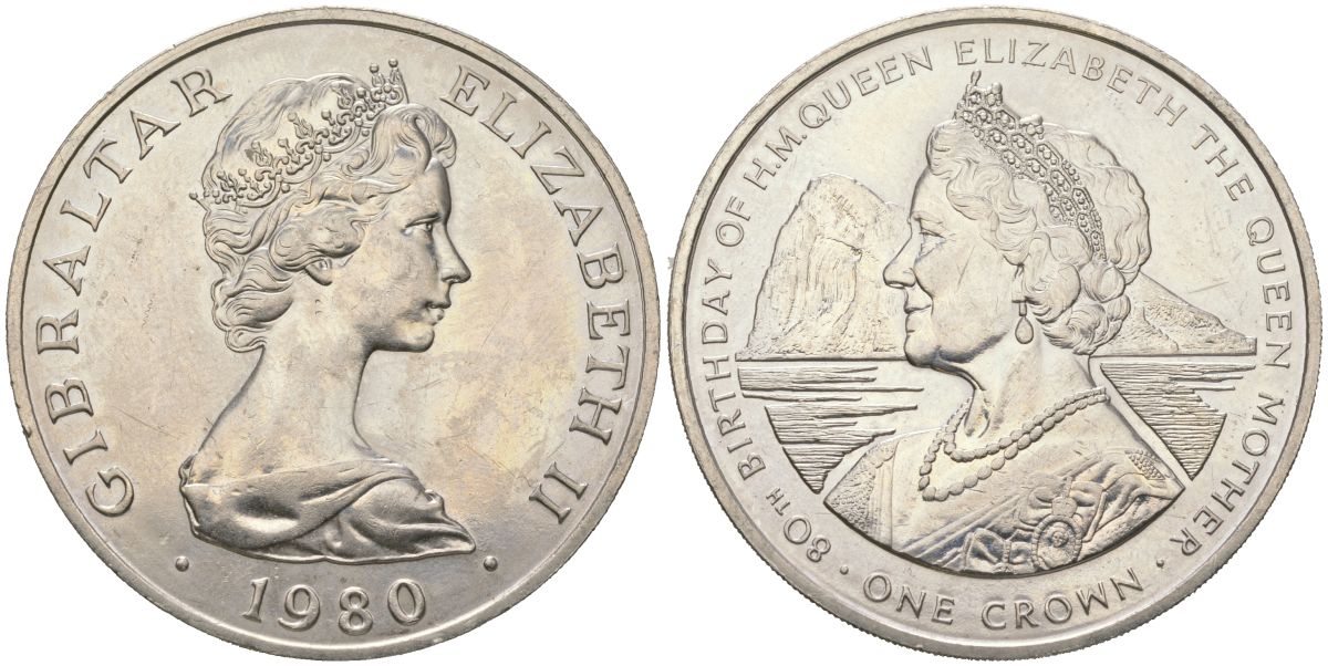 Гибралтар 1 крона 1980 80 лет со дня рождения Королевы Матери KM 11 медно-никель UNC 1066-3-45