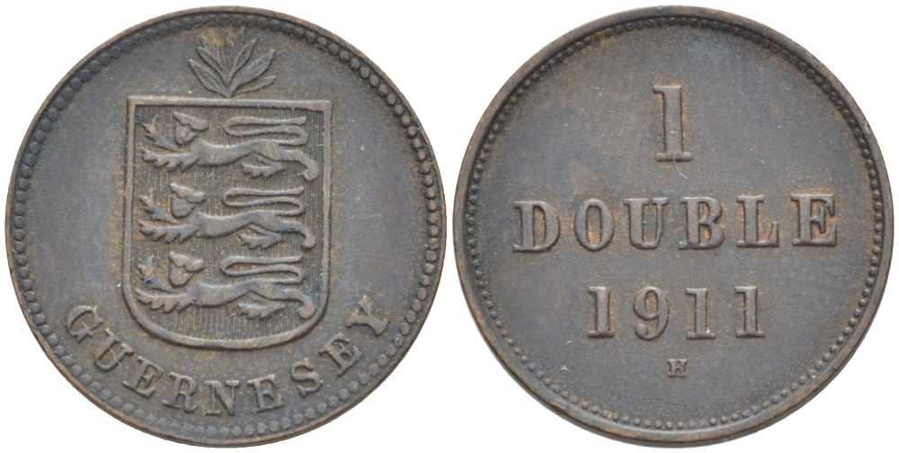 Гернси 1 дабл (дубль) 1911 KM 11 бронза 3851-1018