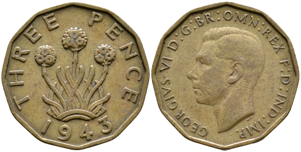 Великобритания 3 пенса 1943 Георг VI (1936-1952) KM 849, Spink 4112 никель латунь 4385-445