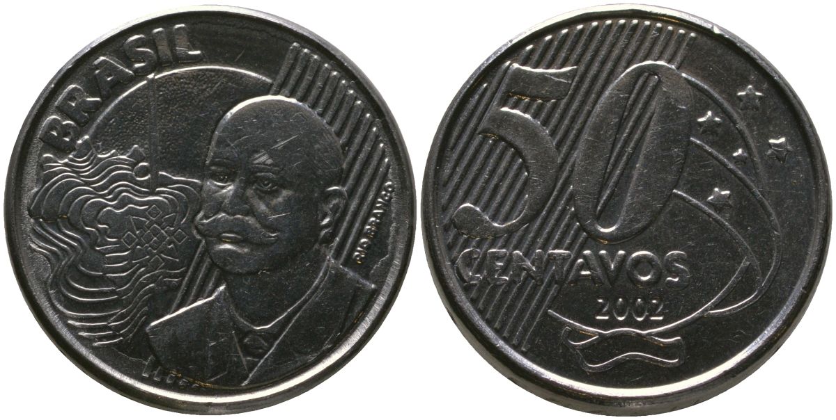 Бразилия 50 сентаво 2002 KM 651a, Schon 159a, Bentes 780 нержавеющая сталь UNC 4523-353