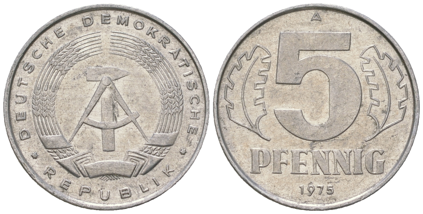 ГДР 5 пфеннигов 1975 A KM 9.1 алюминий 4625-1265