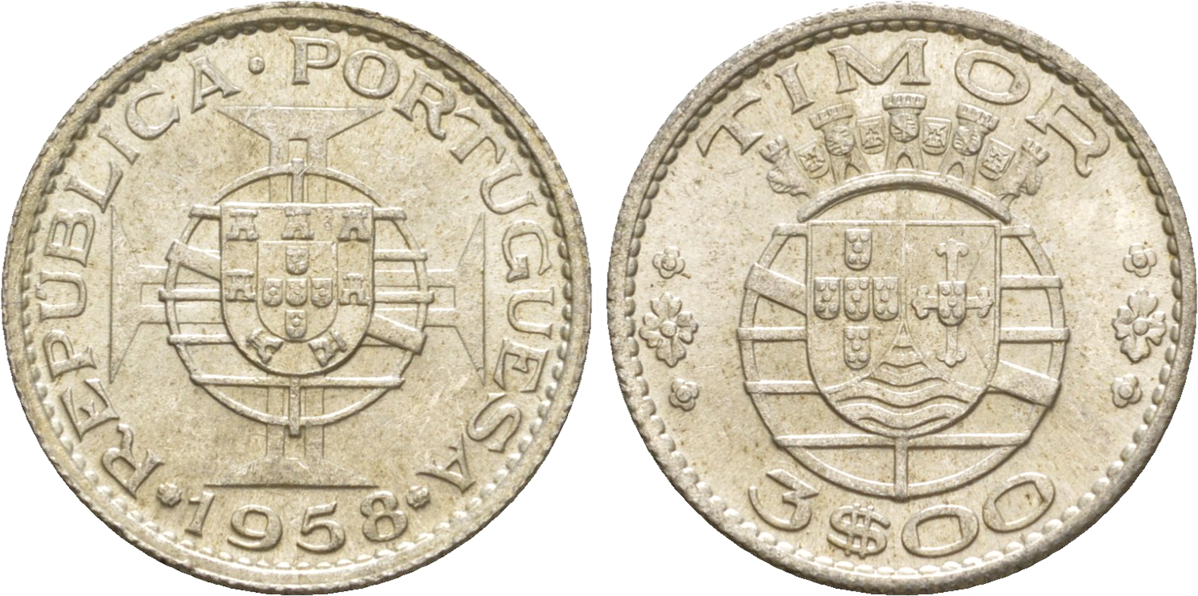 Португальский Тимор 3 эскудо 1958  KM 14 серебро  aUNC 4635-846