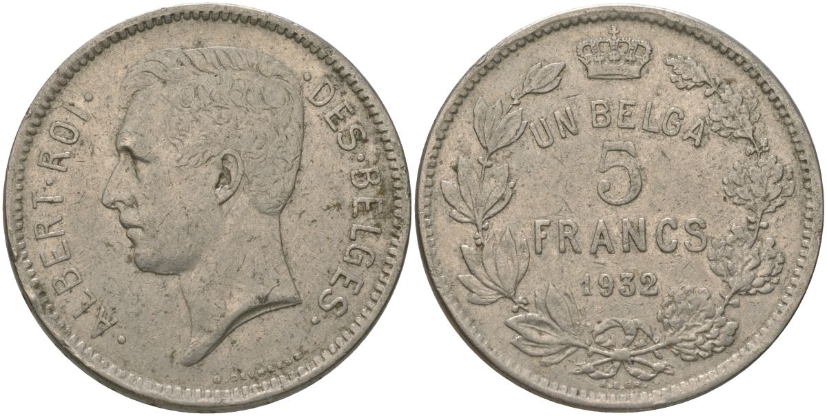 Бельгия 5 франков 1932 Belges, Альберт I (1909-1934) KM 97 никель 4157-1123