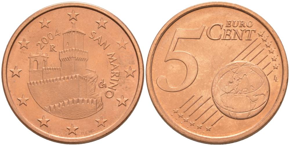 САН-МАРИНО 5 ЕВРОЦЕНТОВ 2004 KM 442 сталь плакированная медью UNC 68-747
