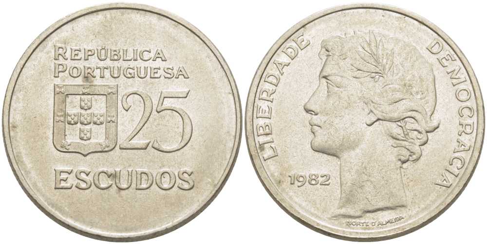 Португалия 25 эскудо 1982 KM 607а медно-никель 113-546
