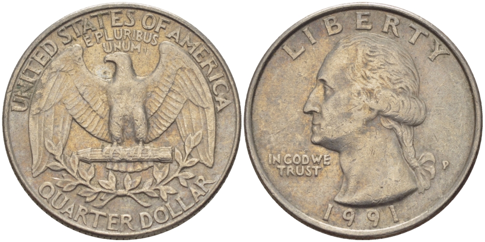 США 25 ЦЕНТОВ = КВОТЕР 1991 Р, ВАШИНГТОН KM А164а медь плакированная медно-никелем 31-757