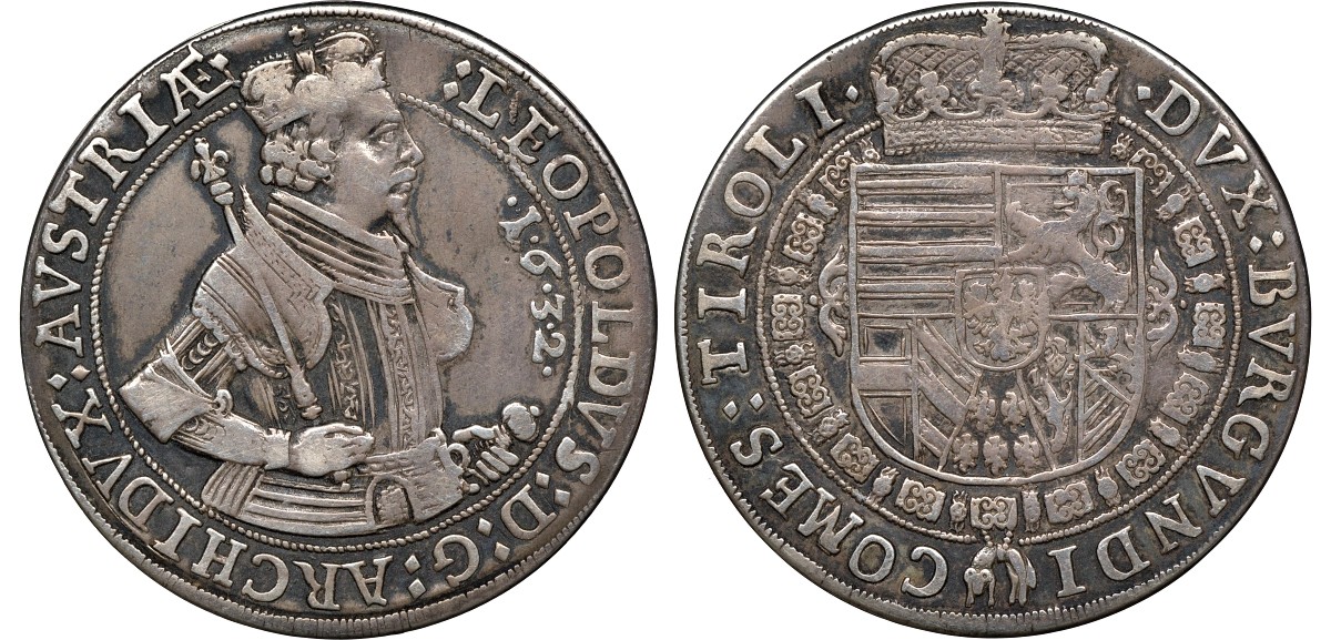 Австрия, Священная Римская империя 1 шраубталер (раскручивается) 1632 Эрцгерцог Леопольд V, монетный двор Халл Dav. 3338 серебро 00-801-18