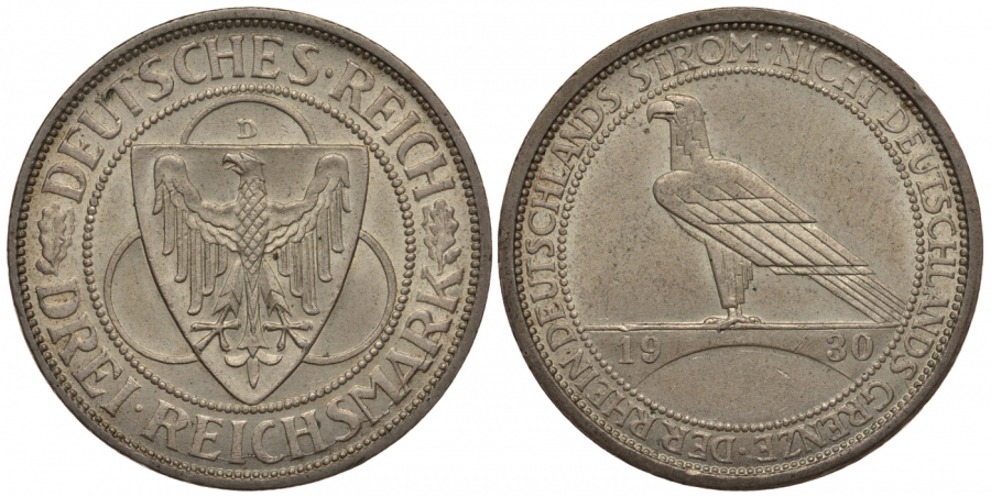 Германия 3 марки 1930 D, освобождение Рейнлянда J. 345, KM 70 серебро aUNC 00-814-71