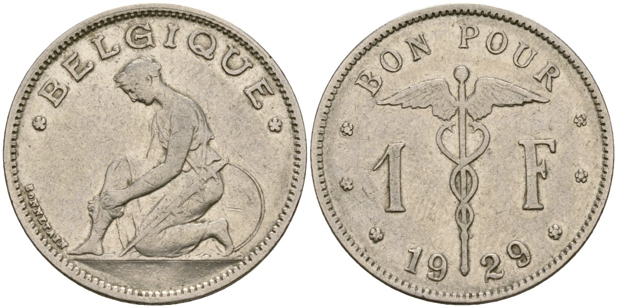 Бельгия 1 франк 1929 BELGIQUE KM 90 никель 210-727