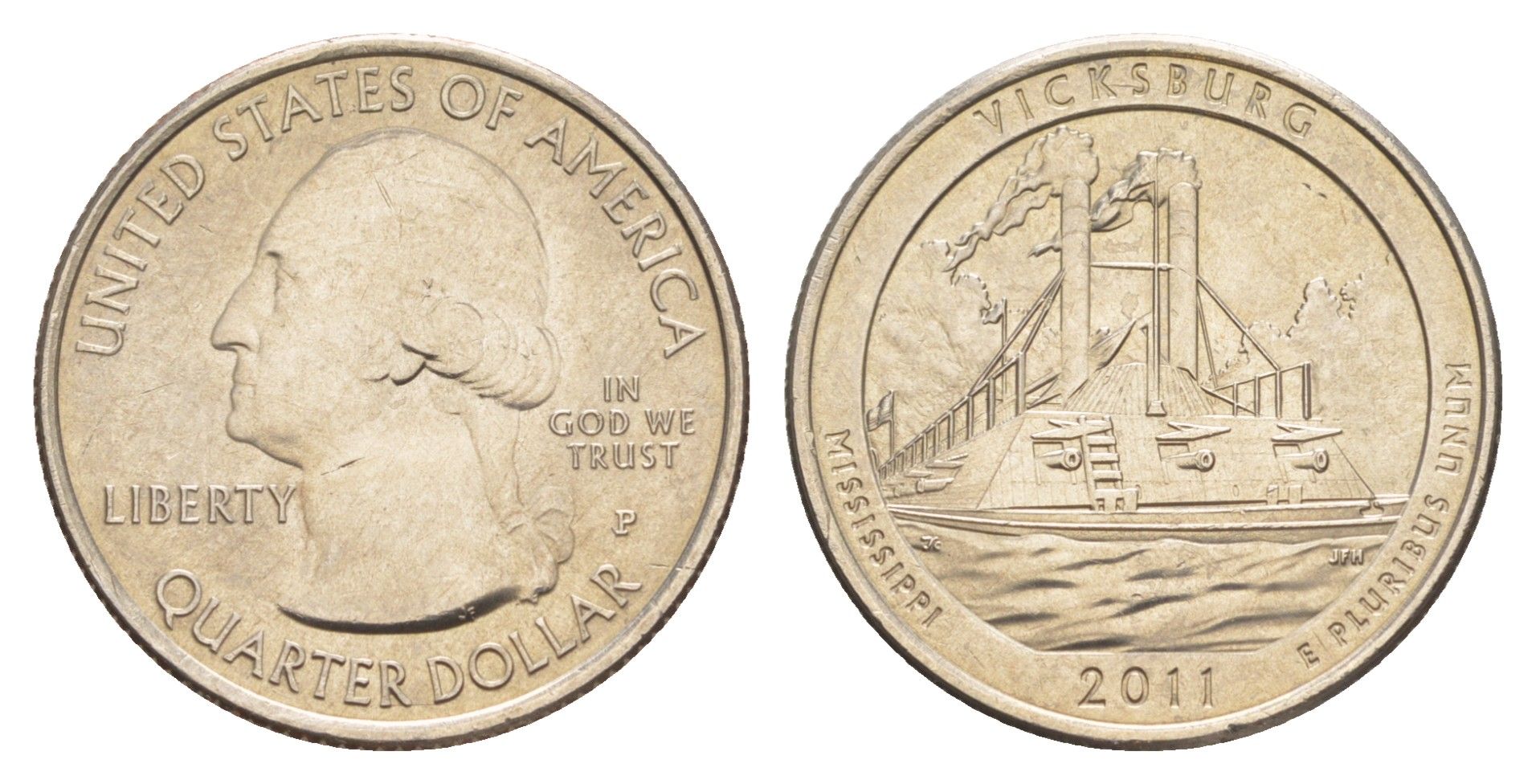 США 25 центов (квотер, 1/4 доллара) 2011 P, Квотеры «Парки США» - Национальный парк Виксбург KM 497 медь плакированная медно-никелем UNC 4638-424
