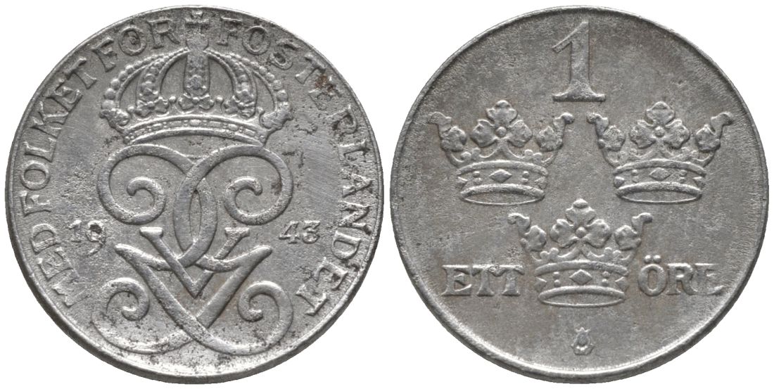 Швеция 1 эре 1943 Густав V (1907-1950) KM 810 железо 188-1252