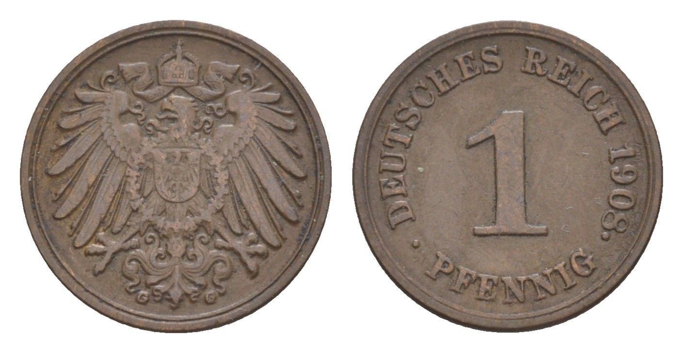 Германия 1 пфенниг 1908 G, Вильгельм II (1888-1918) KM 10, J. 10 медь 4639-1135