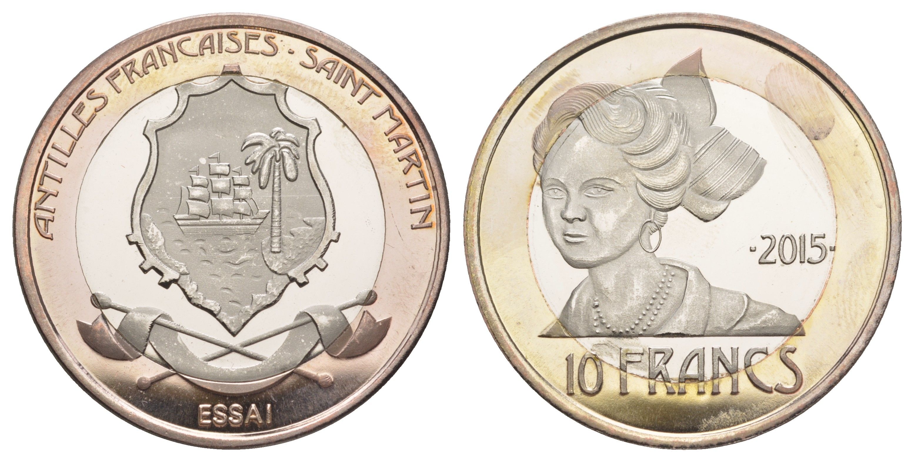 Французская Вест-Индия или Французские Антильские острова (Сен-Мартен) 10 франков 2015 ESSAI (пробник) биметалл BU 1082-4-54