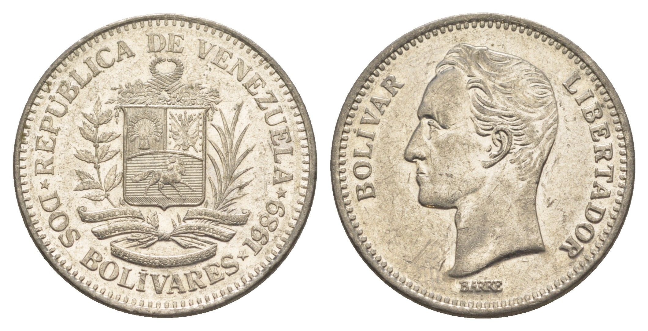 Венесуэла 2 боливара 1989 Симон Боливар Y 43a сталь плакированная никелем 4590-1021