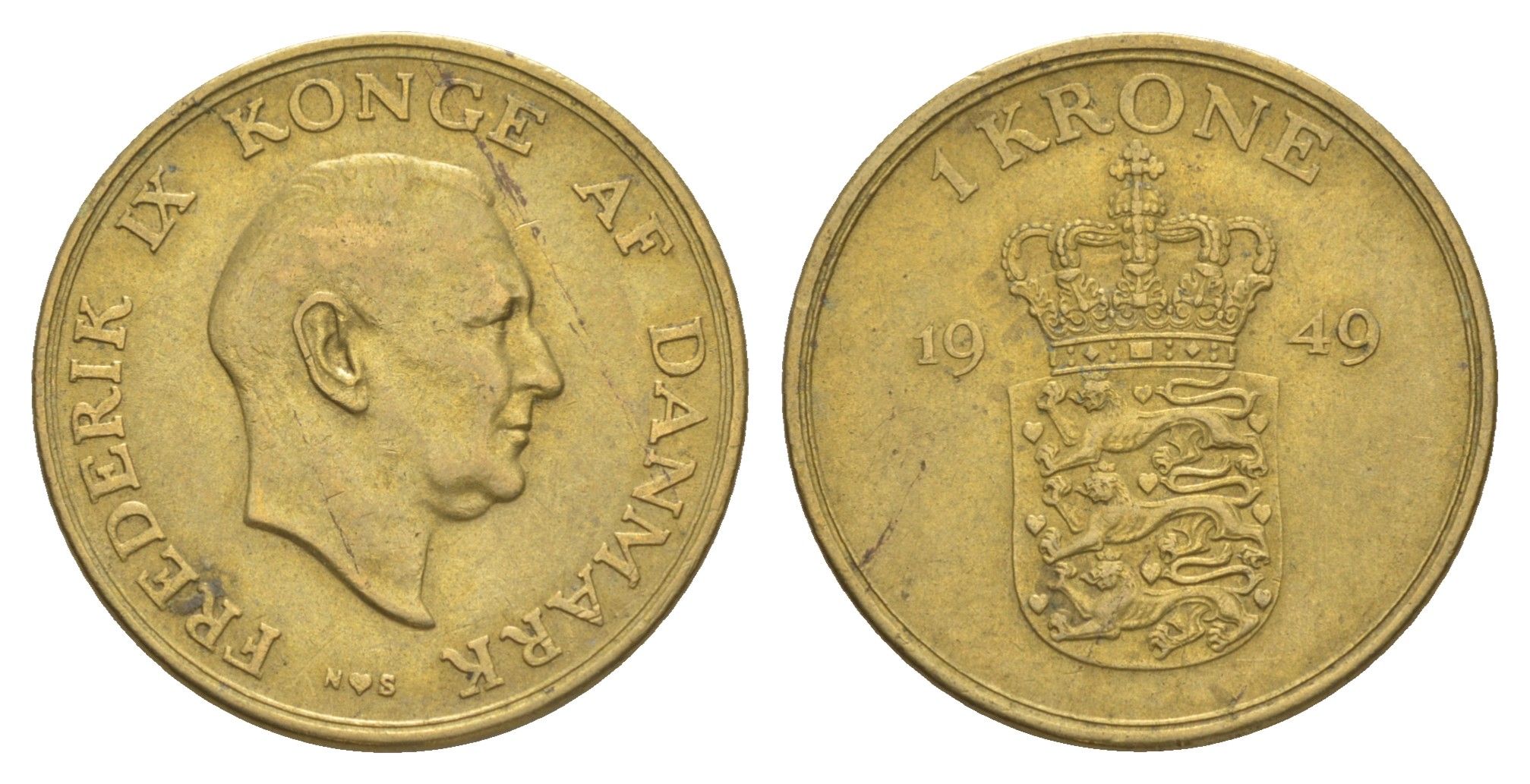 Дания 1 крона 1949 N, Фредерик IX (1947-1972) KM 837 алюминиевая бронза 4638-726