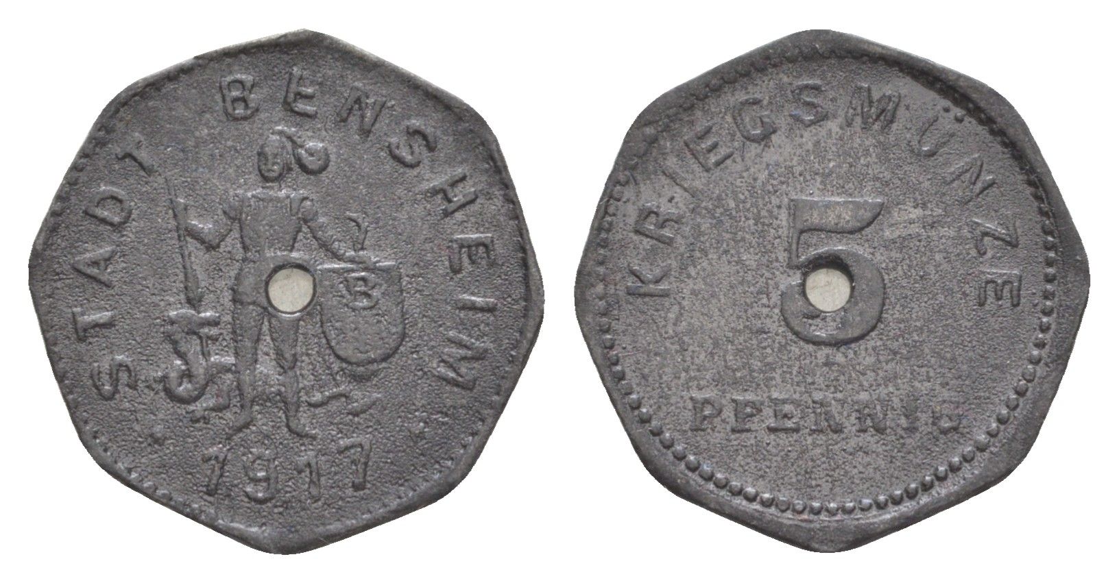 Бенсхайм 5 пфеннигов 1917 Funck 34.2A, Men05 1739.2, Men18 2245.2 цинк 4639-147