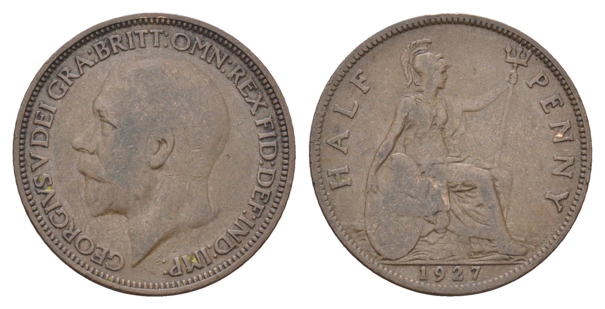 Великобритания 1/2 пенни 1927 Георг V (1910-1936) KM 824, Spink 4057 бронза    4660-546