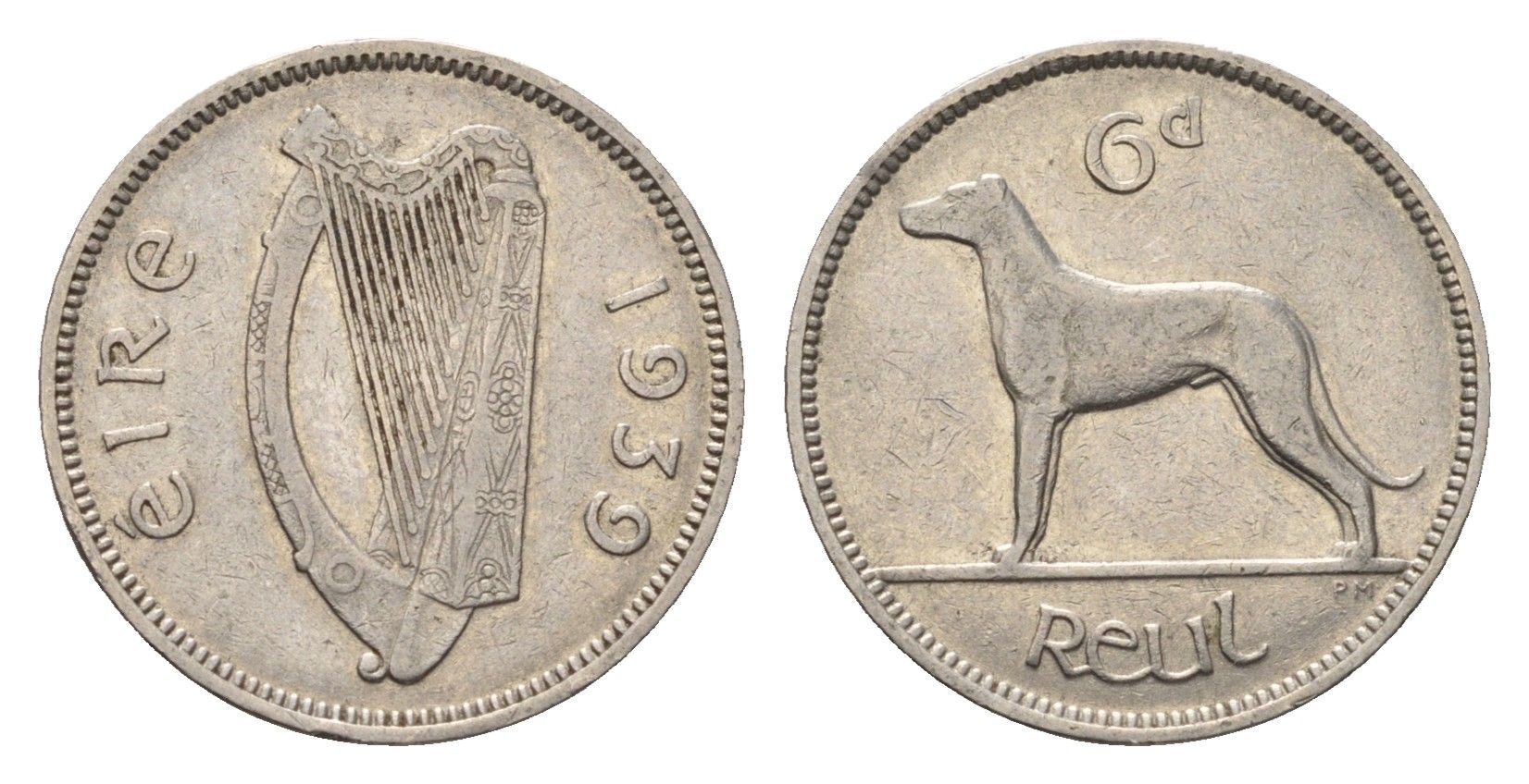 Ирландия 6 пенсов 1939 собака, ирландский волкодав KM 13 никель 3851-1246