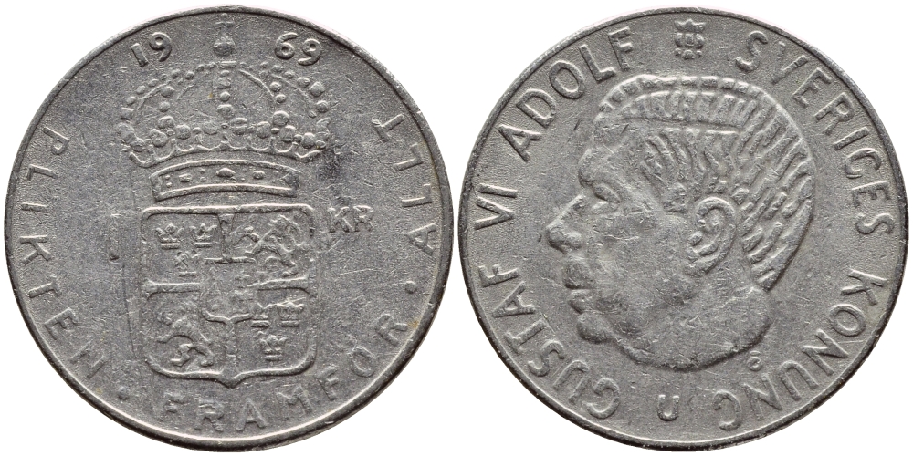 Швеция 1 крона 1969 Густав VI Адольф (1950-1973) KM 826a медь плакированная медно-никелем 4388-614