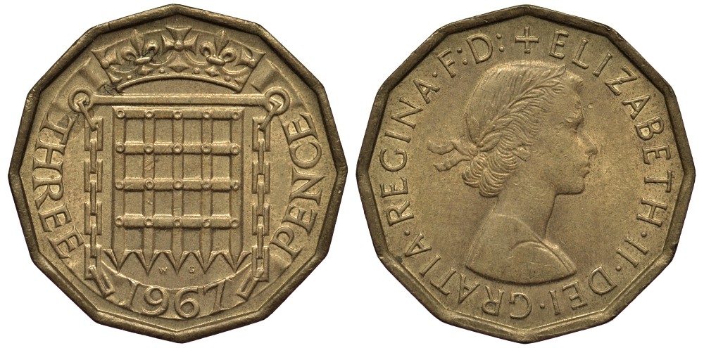 Великобритания 3 пенса 1967 Елизавета II (1952-2022) KM 900, Spink 4153 никель латунь 4538-1143