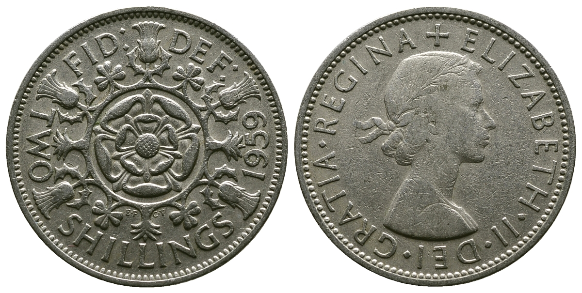 Великобритания 2 шиллинга (флорин) 1959 Елизавета II (1952-2022) KM 906, Spink 4146 медно-никель 4382-224