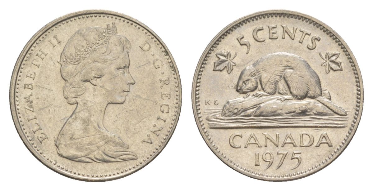 Канада 5 центов 1975 Елизавета II (1952-2022), бобр KM 60.1 никель 4630-723