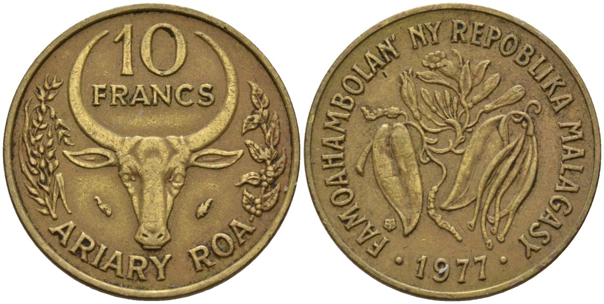 Мадагаскар 10 франков 1977 KM 11 алюминиевая бронза 4141-616