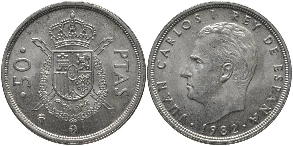 ИСПАНИЯ 50 ПЕСЕТ 1982 ХУАН КАРЛОС I (1975-) KM 825 медно-никель UNC 69-842