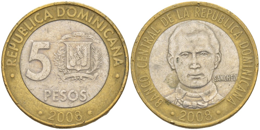 Доминиканская республика 5 песо 2008 Санчес KM 89 биметалл 4541-1127