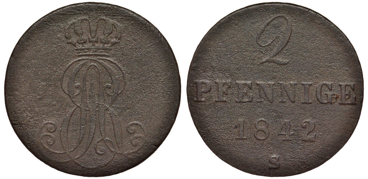 Ганновер 2 пфеннига 1842 S, Эрнст Август (1837-1851) KM 174.2, AKS 123, J. 55 медь 75-1732