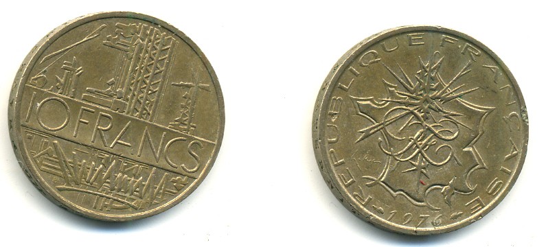 Франция 10 франков 1976 тип Матье KM 940, Le Franc 365.7-8 никель латунь 4364-1226