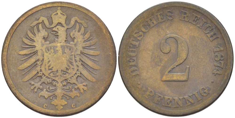 ГЕРМАНИЯ 2 ПФЕННИГА 1874 С, СТАРОГЕРБОВКА KM 2, J. 2, Weege 3 медь 212-454