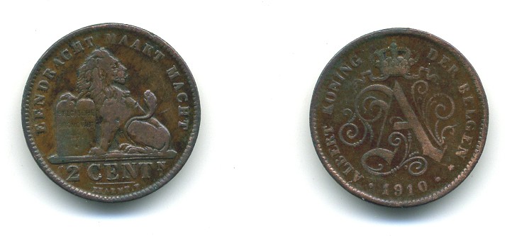 БЕЛЬГИЯ 2 САНТИМА 1910 BELGEN KM 65 медь 84-221