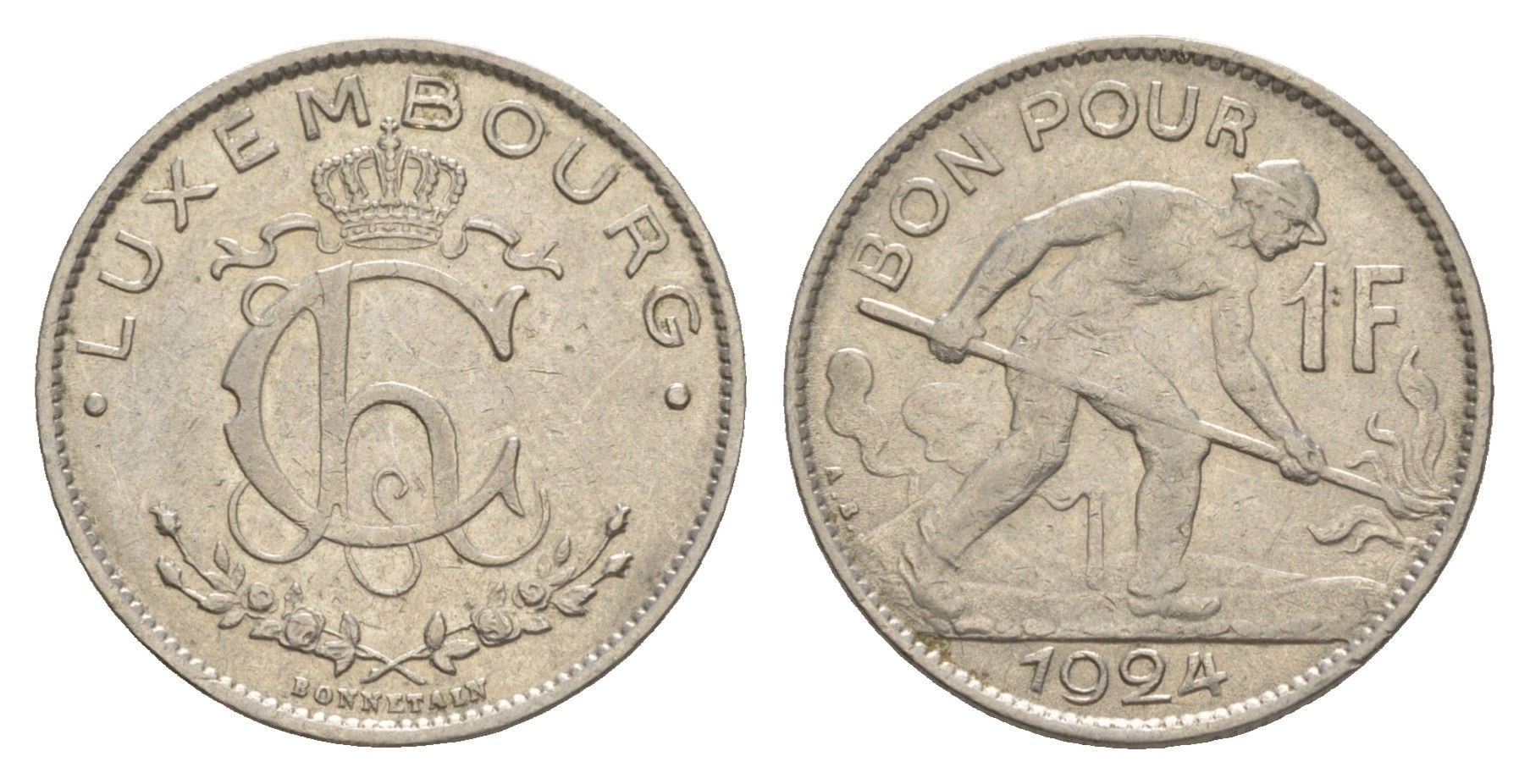 Люксембург 1 франк 1924 KM 35 никель 4646-1011