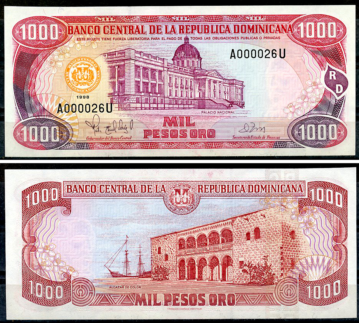 Доминиканская Республика 1000 песо 1998 национальный дворец, Санто-Доминго, крепость дона Диего Колона (сына Христофора Колумба) Pick 158 c  бумага  UNC (пресс) 451-11-1