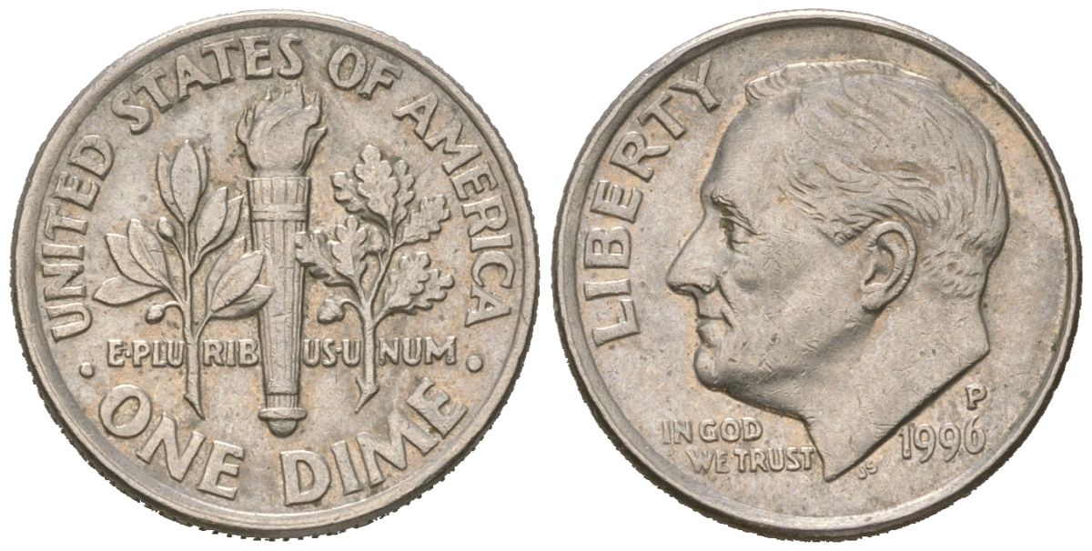 США 10 центов (дайм) 1996 P, президент Рузвельт KM 195a медь плакированная медно-никелем UNC 218-158