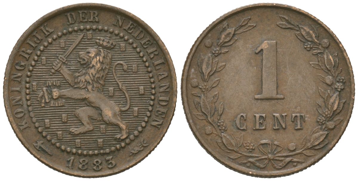 Нидерланды 1 цент 1883 Виллем III (1849-1890) KM 107 бронза 4615-565
