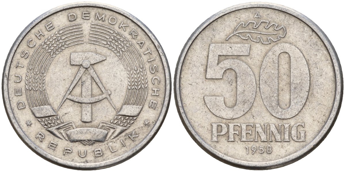 ГДР 50 пфеннигов 1958 A KM 12.1 алюминий 113-222