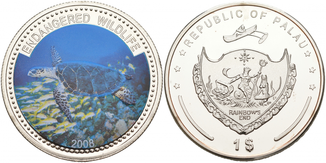 Палау 1 доллар 2008 серия вымирающие виды, морская черепаха Бисса, цветная эмаль KM 165 медно-никель PROOF M3-9