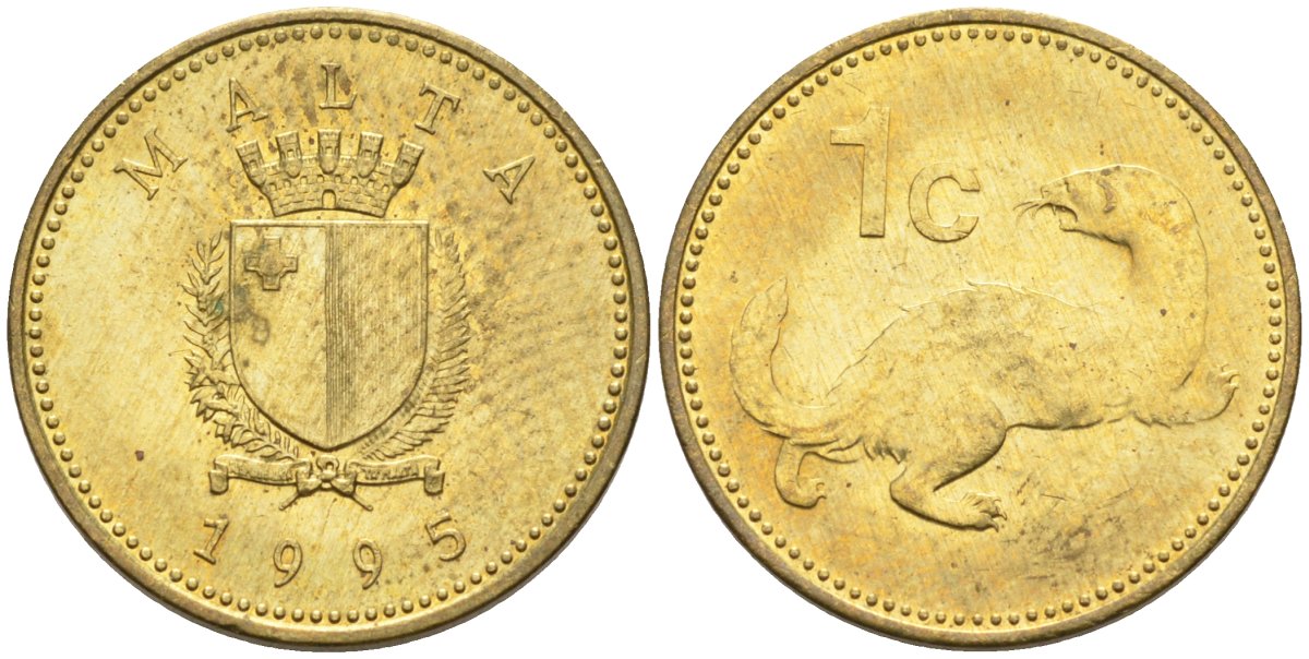 Мальта 1 цент 1995 ласка, горностай KM 93 никель латунь 4585-1233