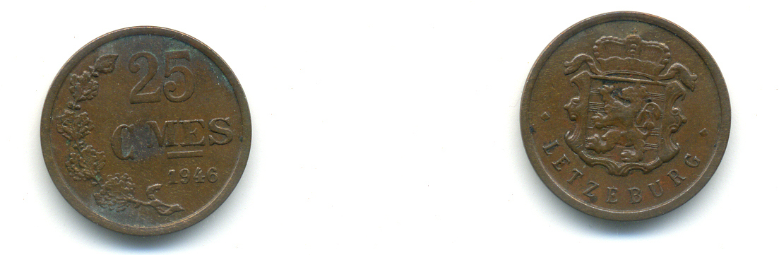 Люксембург 25 сантимов 1946 Шарлотта (1918-1964) KM 45 бронза 83-1045