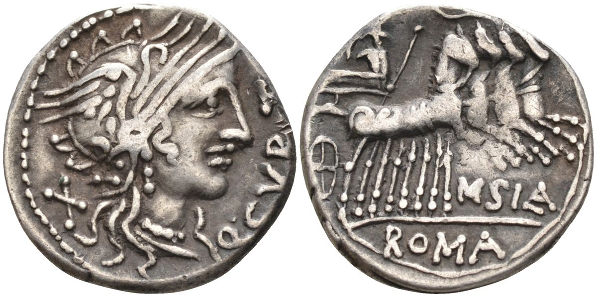 Римская Республика денарий 116 - 115 гг. до н.э. монетарий Гн. Домиций Агенобарб, Q CVRT голова Ромы в шлеме, X (обозначение номинала) / Юпитер в квадриге, MSILA ROMA, Рим, 3,80 гр Cr. 285/1; Syd. 535 серебро 1073-5-5-1