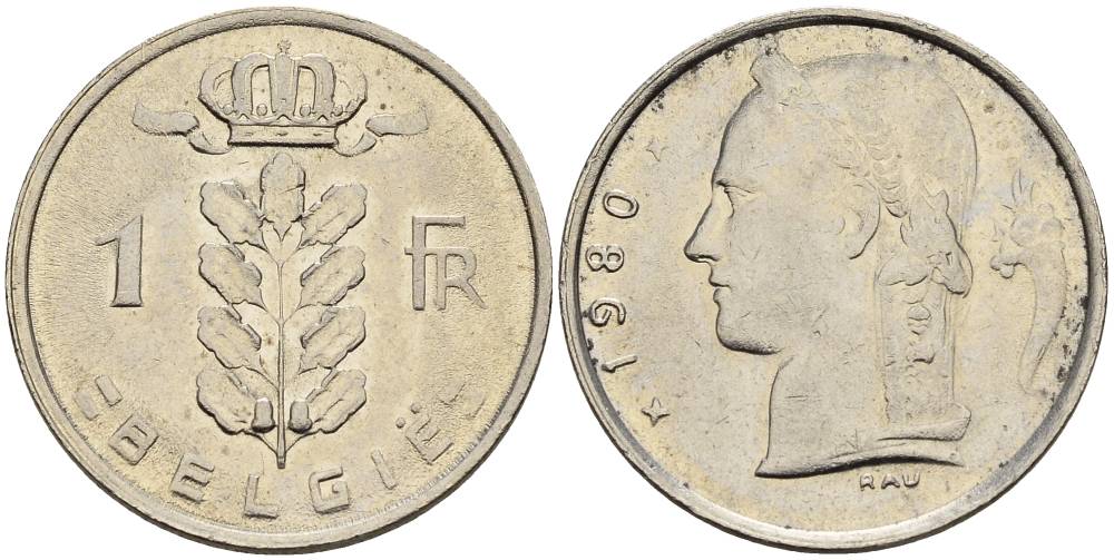 БЕЛЬГИЯ 1 ФРАНК 1980 BELGIE KM 143.1 медно-никель 4546-433