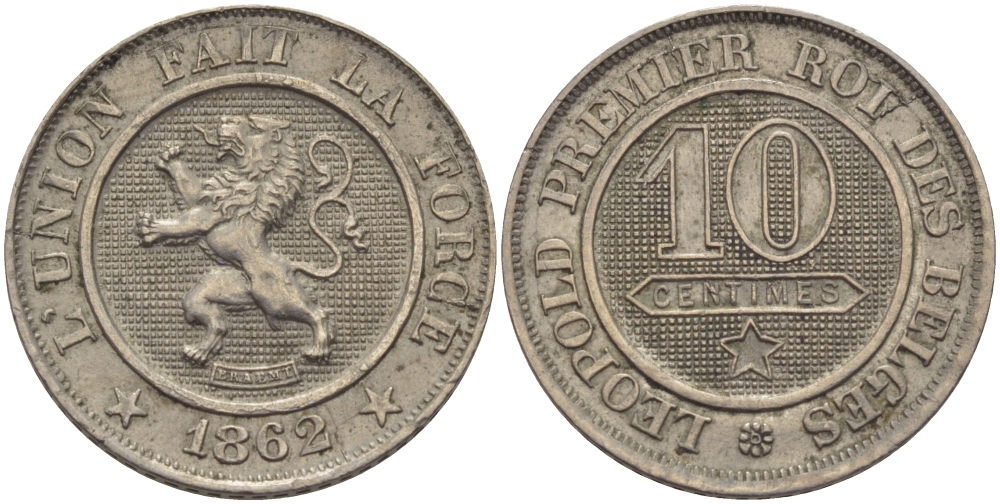 БЕЛЬГИЯ 10 САНТИМОВ 1862 BELGES KM 22 медно-никель 28-236