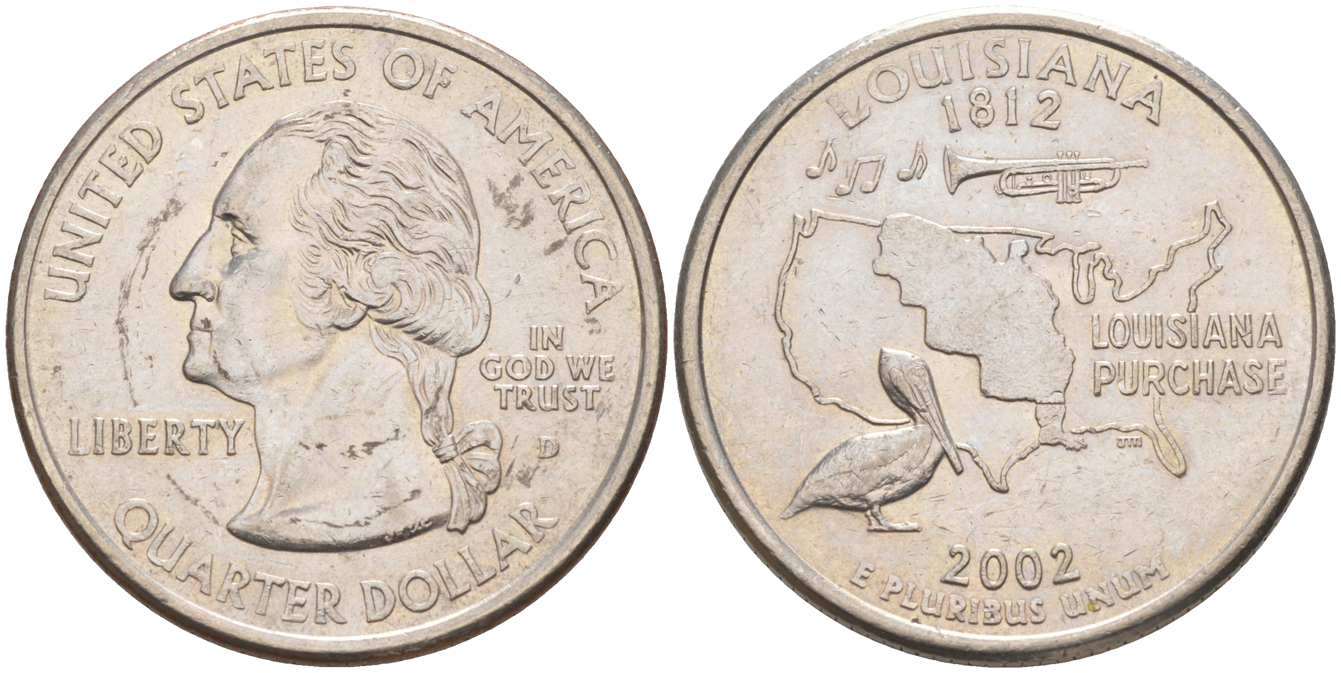 США 25 центов = квотер 2002 D, серия штаты США, Луизиана KM 333 медь плакированный медно-никелем 4114-145